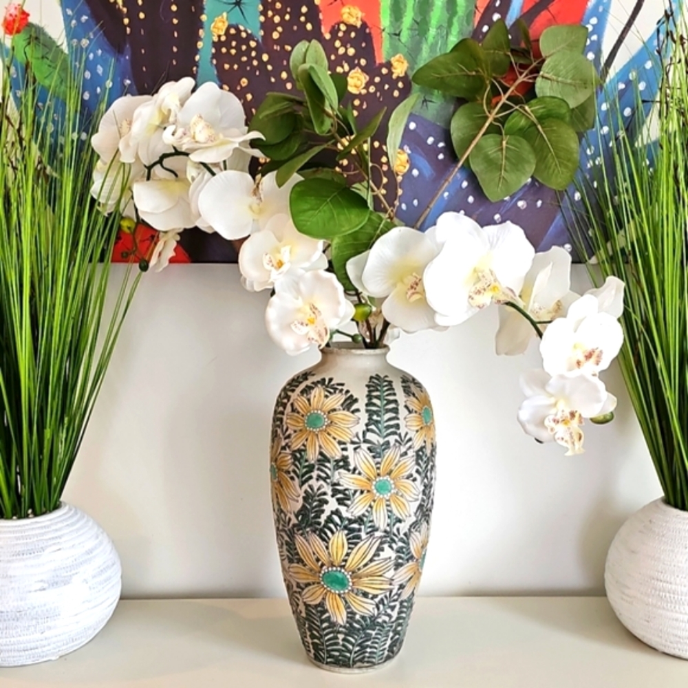 Vintage Large Floral Vase Textured Gray Yellow Flowers Green Leaves